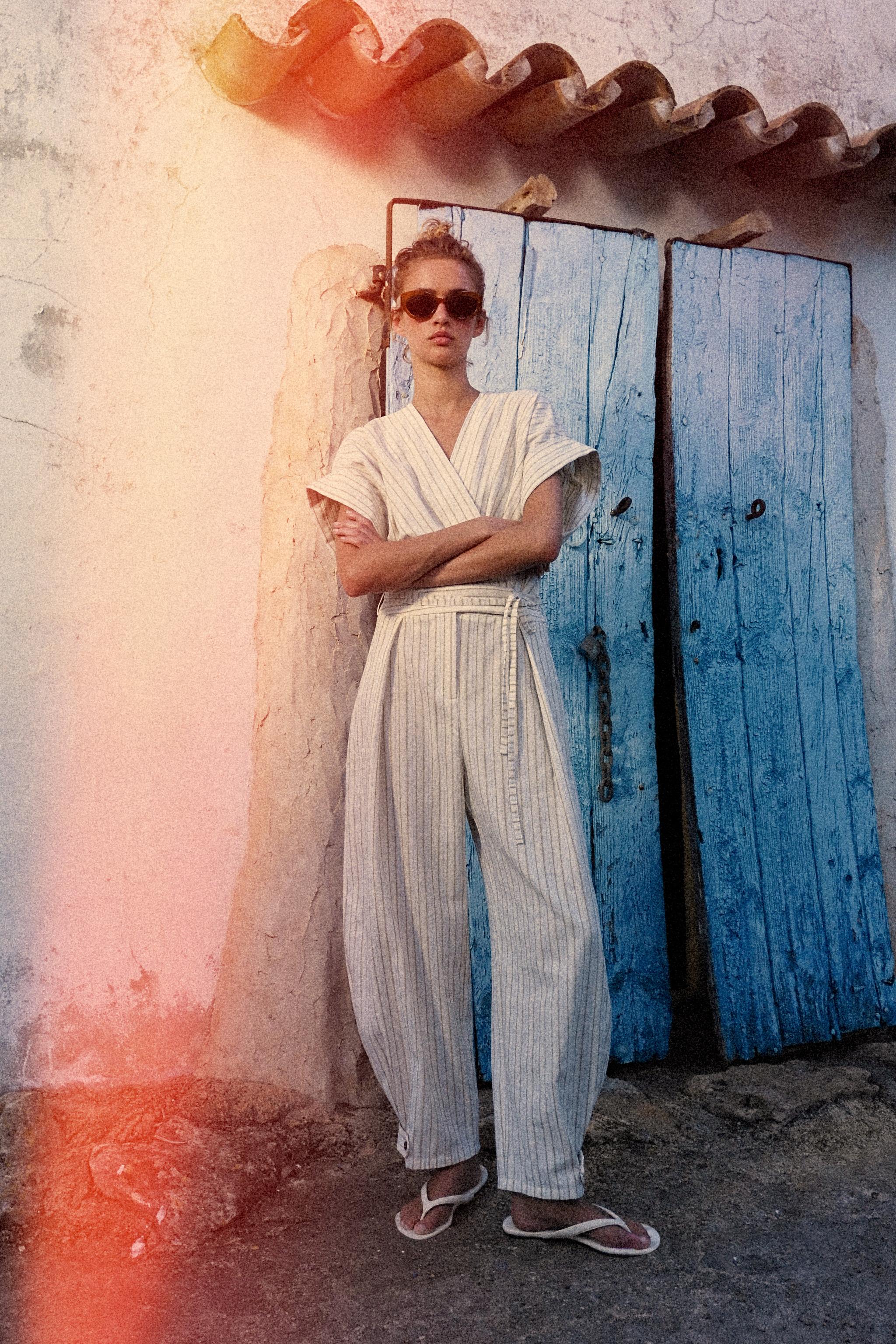 STRIPED BELTED JUMPSUIT